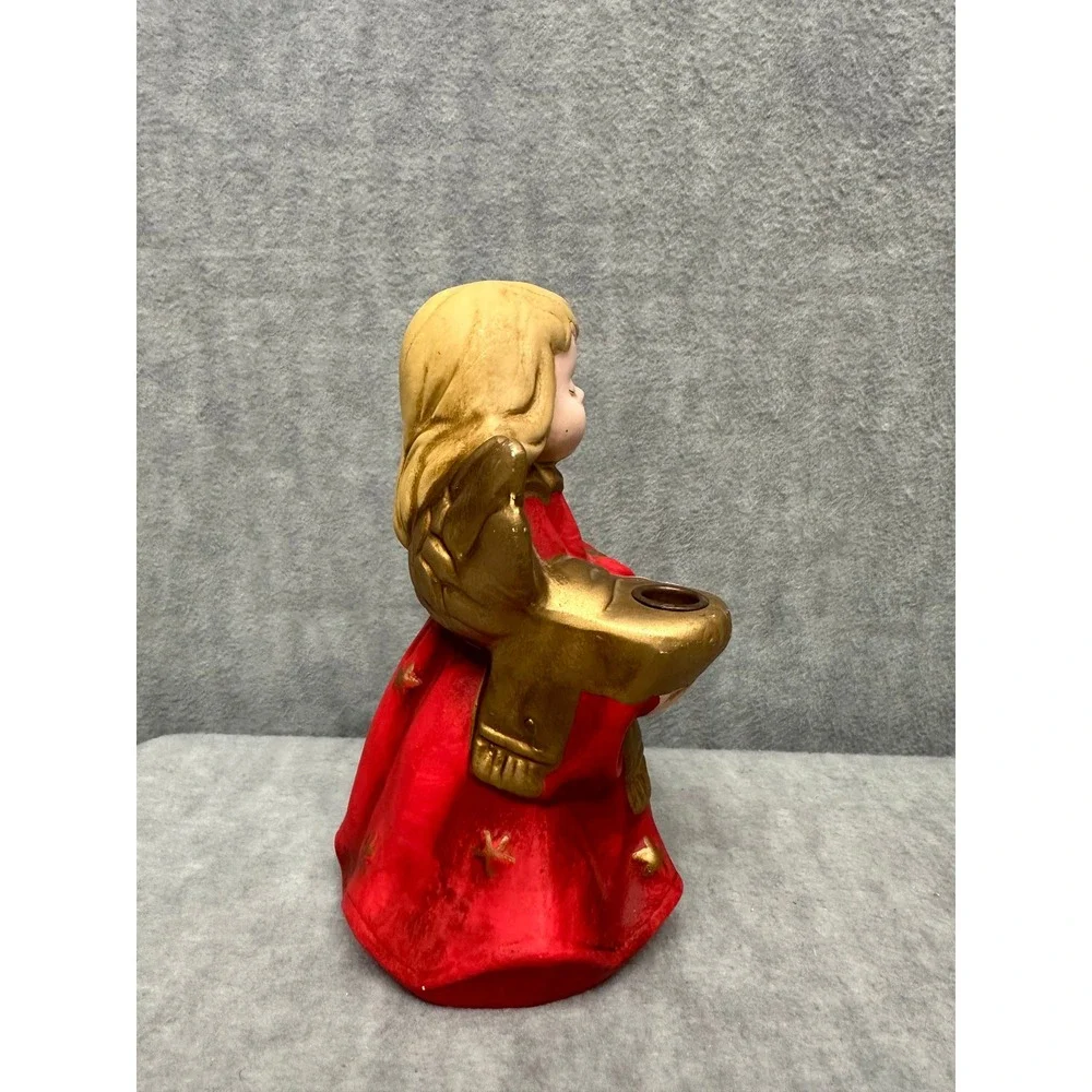 Vintage Red and‎ Gold Ceramic Singing Angel Christmas Candle Holder 7.5in MCM